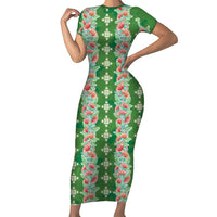 Hawaii Ohia Lehua Family Matching Short Sleeve Bodycon Dress and Hawaiian Shirt Tropical Vibes Green