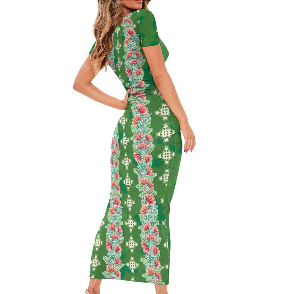 Hawaii Ohia Lehua Family Matching Short Sleeve Bodycon Dress and Hawaiian Shirt Tropical Vibes Green