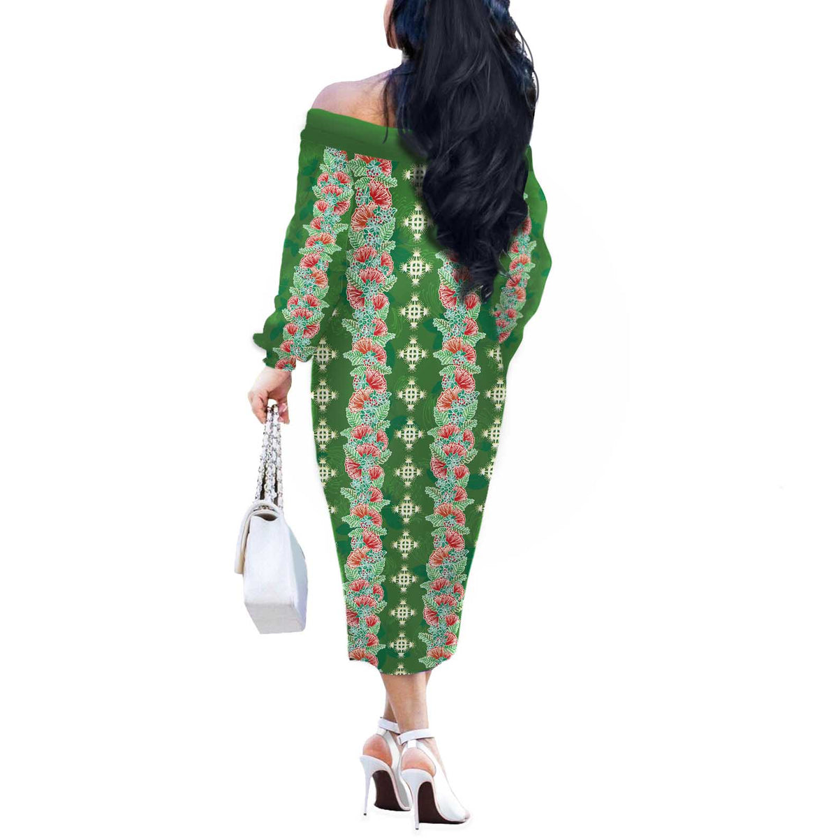Hawaii Ohia Lehua Off The Shoulder Long Sleeve Dress Tropical Vibes Green