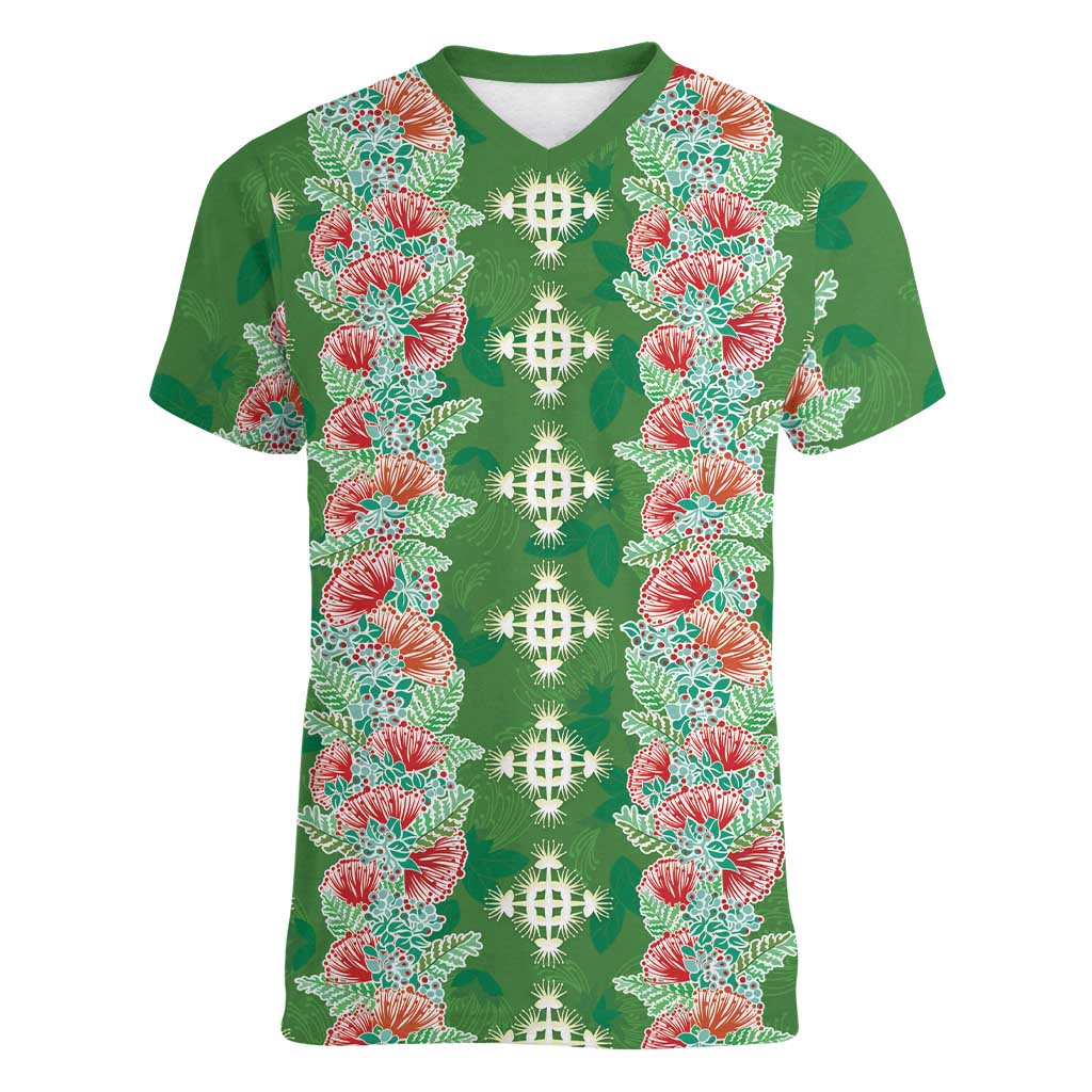 Hawaii Ohia Lehua Women V-Neck T-Shirt Tropical Vibes Green