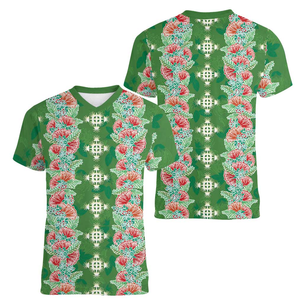 Hawaii Ohia Lehua Women V-Neck T-Shirt Tropical Vibes Green