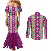 Hawaii Ohia Lehua Couples Matching Mermaid Dress and Long Sleeve Button Shirt Tropical Vibes Fuchsia