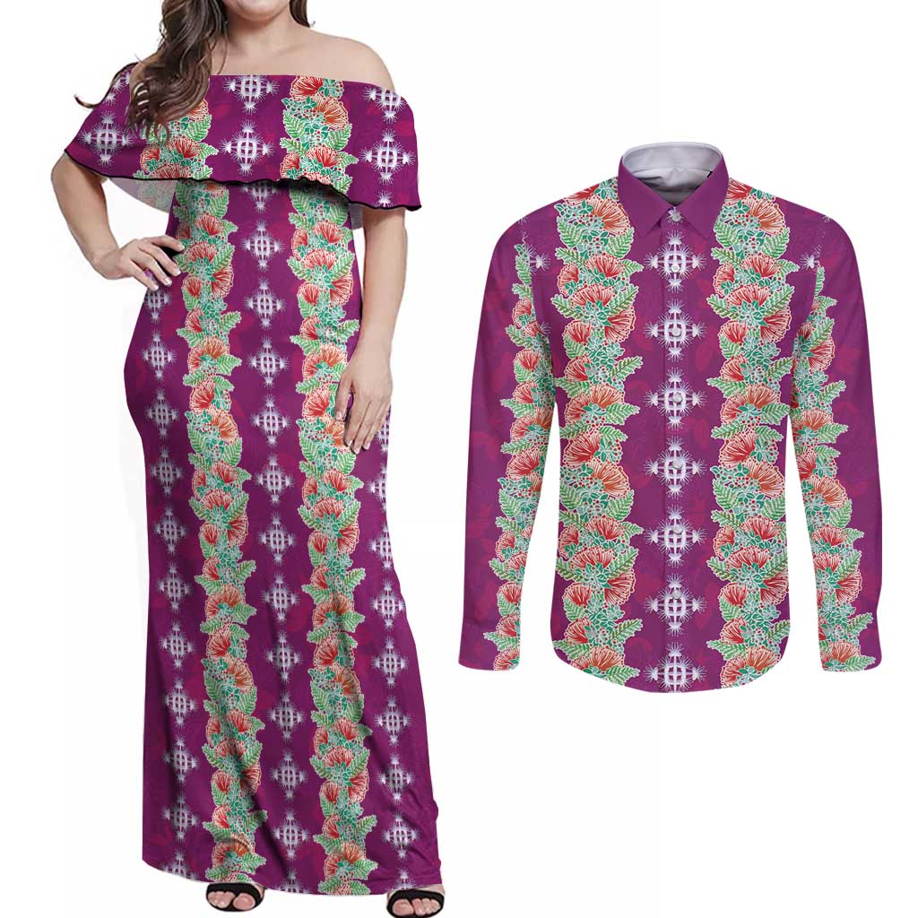 Hawaii Ohia Lehua Couples Matching Off Shoulder Maxi Dress and Long Sleeve Button Shirt Tropical Vibes Fuchsia