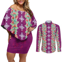 Hawaii Ohia Lehua Couples Matching Off Shoulder Short Dress and Long Sleeve Button Shirt Tropical Vibes Fuchsia