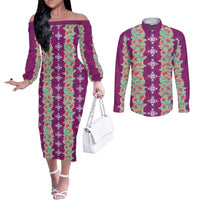 Hawaii Ohia Lehua Couples Matching Off The Shoulder Long Sleeve Dress and Long Sleeve Button Shirt Tropical Vibes Fuchsia