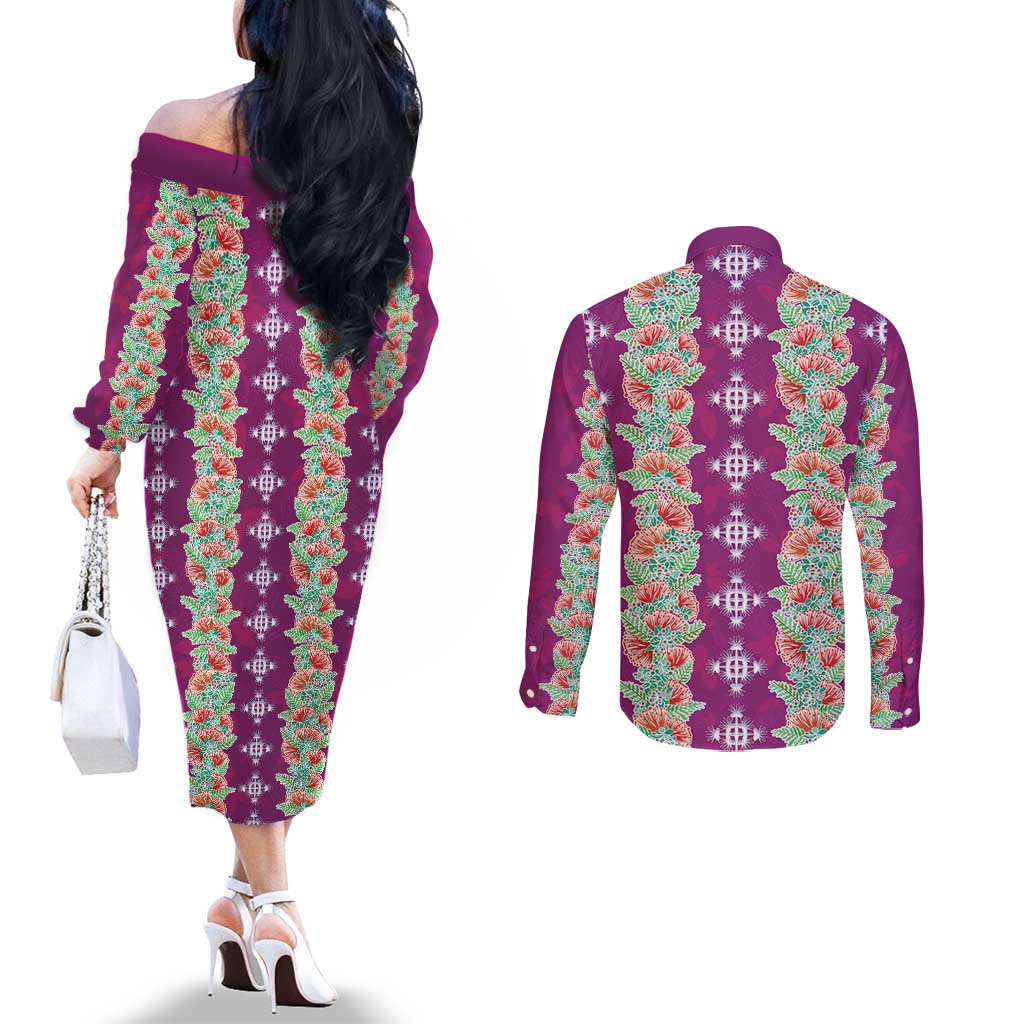Hawaii Ohia Lehua Couples Matching Off The Shoulder Long Sleeve Dress and Long Sleeve Button Shirt Tropical Vibes Fuchsia