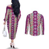 Hawaii Ohia Lehua Couples Matching Off The Shoulder Long Sleeve Dress and Long Sleeve Button Shirt Tropical Vibes Fuchsia
