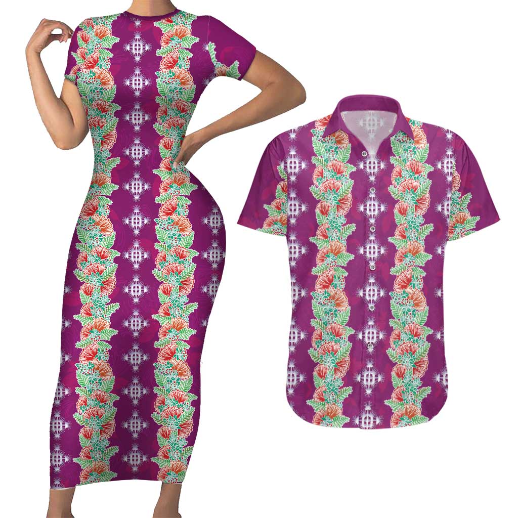 Hawaii Ohia Lehua Couples Matching Short Sleeve Bodycon Dress and Hawaiian Shirt Tropical Vibes Fuchsia