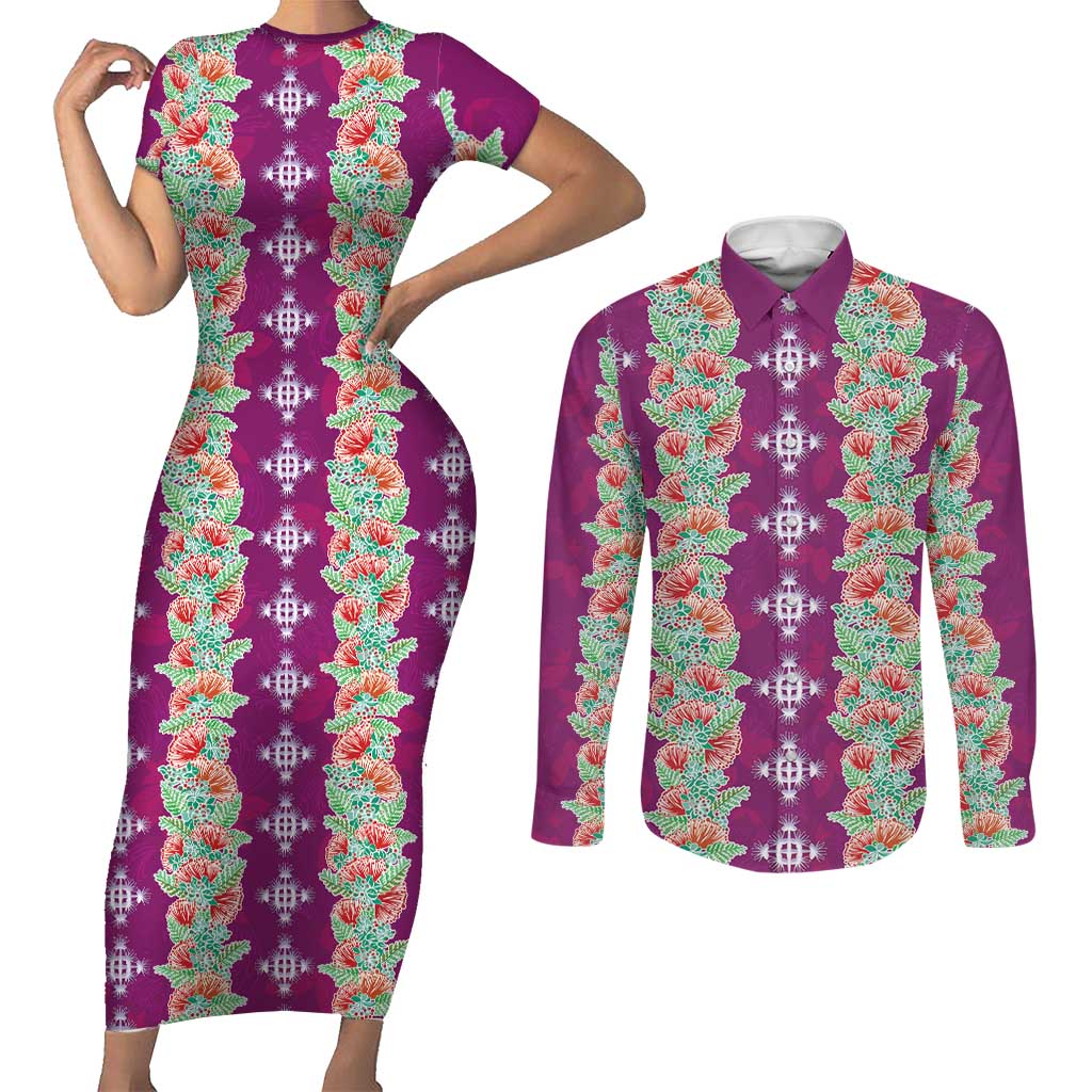 Hawaii Ohia Lehua Couples Matching Short Sleeve Bodycon Dress and Long Sleeve Button Shirt Tropical Vibes Fuchsia