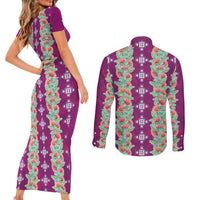 Hawaii Ohia Lehua Couples Matching Short Sleeve Bodycon Dress and Long Sleeve Button Shirt Tropical Vibes Fuchsia
