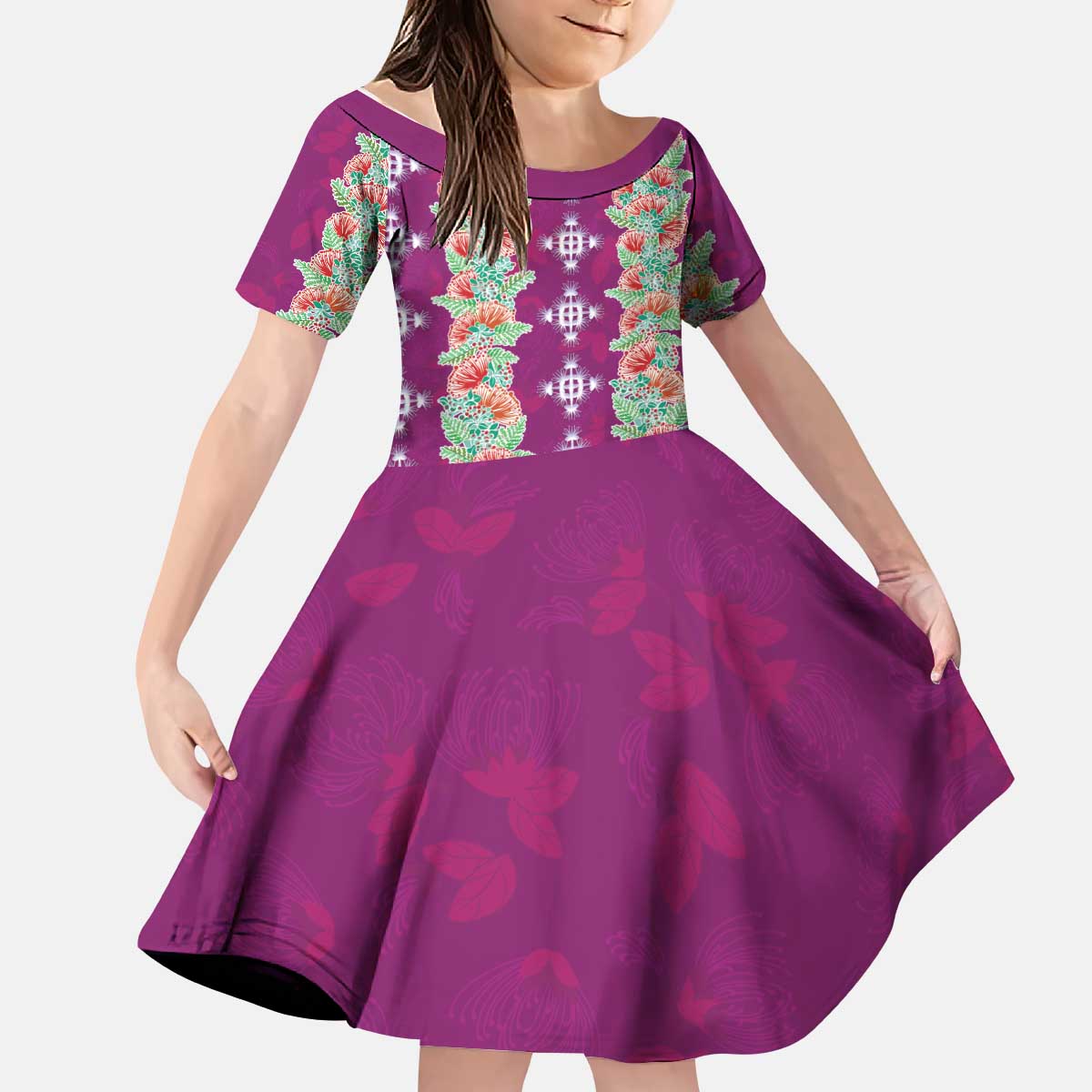 Hawaii Ohia Lehua Kid Short Sleeve Dress Tropical Vibes Fuchsia