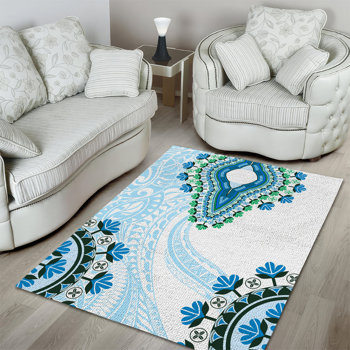 Africa Dashiki Area Rug With Polynesian Pattern Blue Version