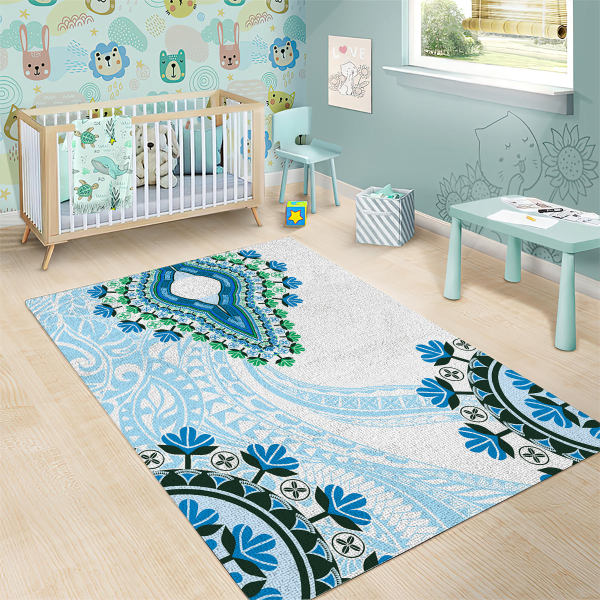 Africa Dashiki Area Rug With Polynesian Pattern Blue Version