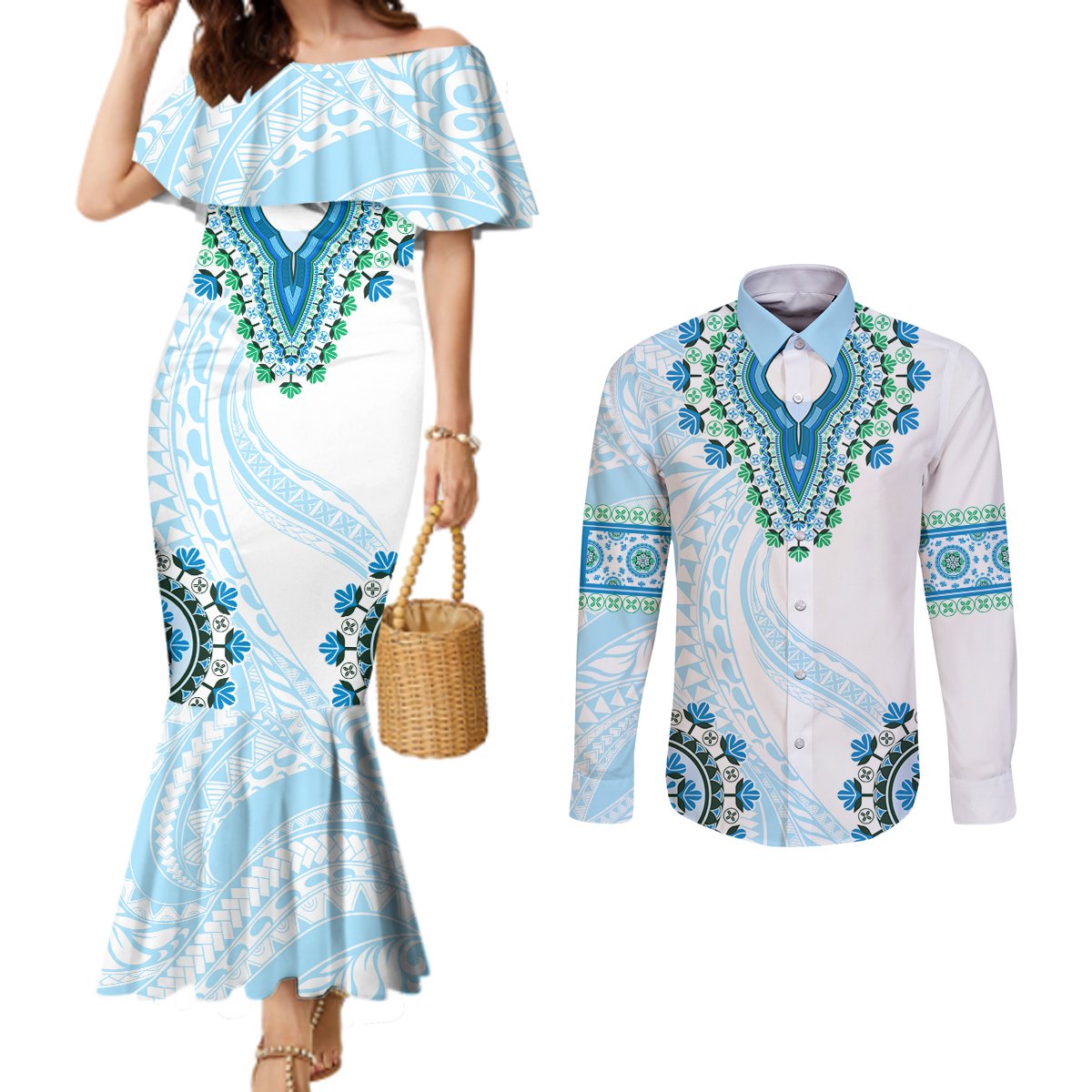 Africa Dashiki Couples Matching Mermaid Dress and Long Sleeve Button Shirt With Polynesian Pattern Blue Version LT05 Blue - Polynesian Pride