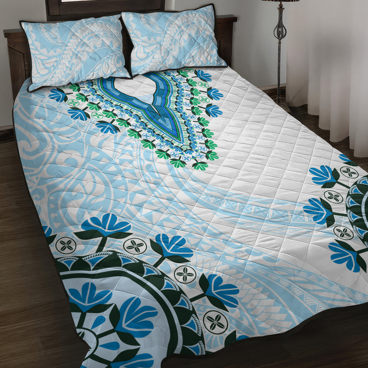 Africa Dashiki Quilt Bed Set With Polynesian Pattern Blue Version