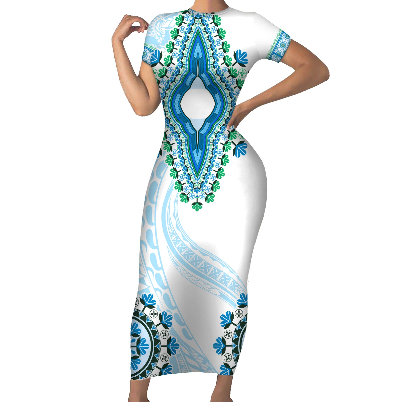Africa Dashiki Short Sleeve Bodycon Dress With Polynesian Pattern Blue Version LT05 Long Dress Blue - Polynesian Pride
