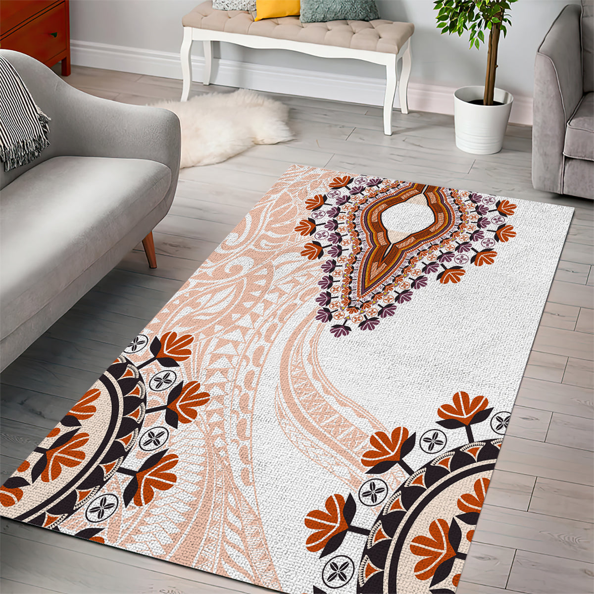 Africa Dashiki Area Rug With Polynesian Pattern Beige Version