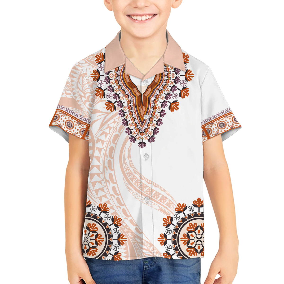 Africa Dashiki Family Matching Short Sleeve Bodycon Dress and Hawaiian Shirt With Polynesian Pattern Beige Version LT05 Son's Shirt Beige - Polynesian Pride