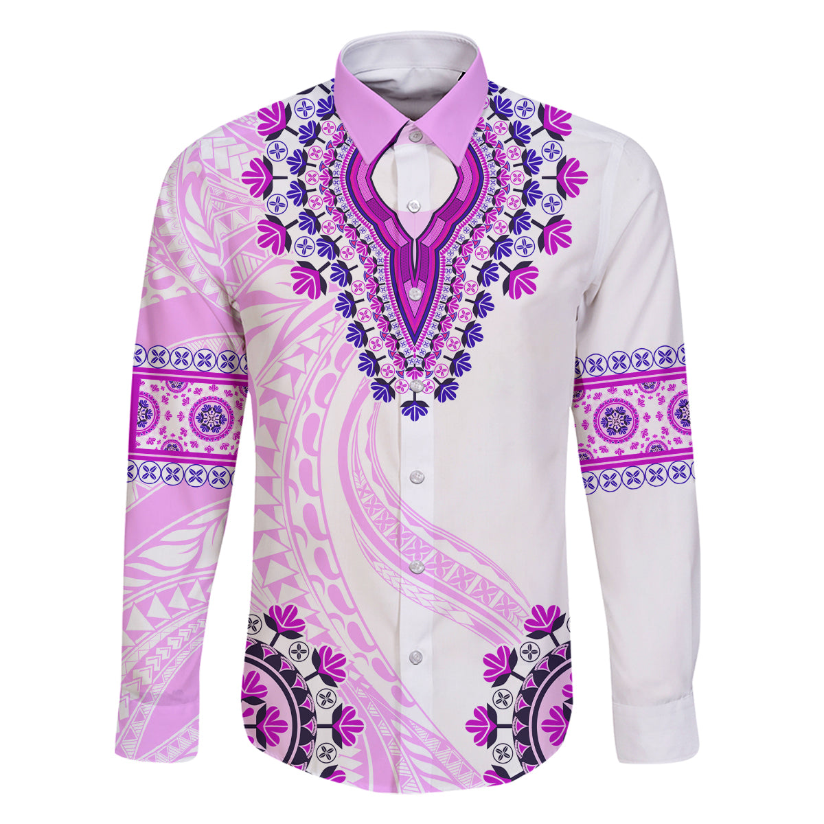 Africa Dashiki Family Matching Off Shoulder Long Sleeve Dress and Hawaiian Shirt With Polynesian Pattern Pink Version LT05 Dad's Shirt - Long Sleeve Pink - Polynesian Pride