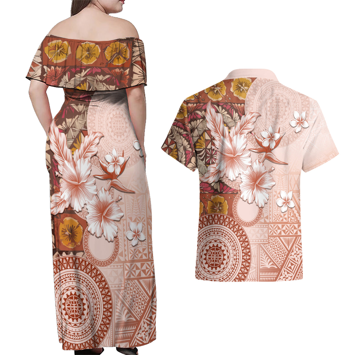 Tonga Ngatu Pattern With Light Tabasco Hibiscus Couples Matching Off Shoulder Maxi Dress and Hawaiian Shirt Oil Painting Style LT05 - Polynesian Pride
