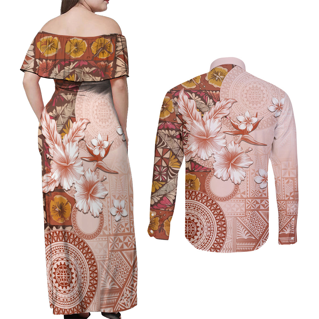 Tonga Ngatu Pattern With Light Tabasco Hibiscus Couples Matching Off Shoulder Maxi Dress and Long Sleeve Button Shirt Oil Painting Style LT05 - Polynesian Pride