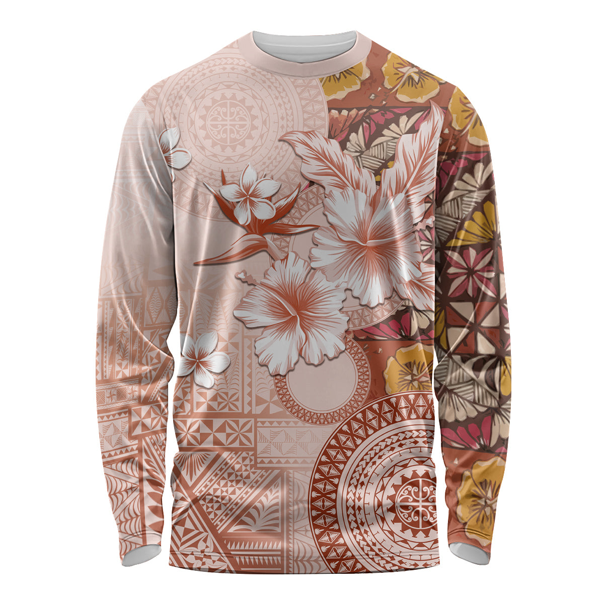 Tonga Ngatu Pattern With Light Tabasco Hibiscus Long Sleeve Shirt Oil Painting Style LT05 Unisex Light Tabasco - Polynesian Pride