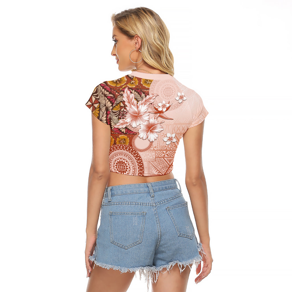 Tonga Ngatu Pattern With Light Tabasco Hibiscus Raglan Cropped T Shirt Oil Painting Style LT05 - Polynesian Pride