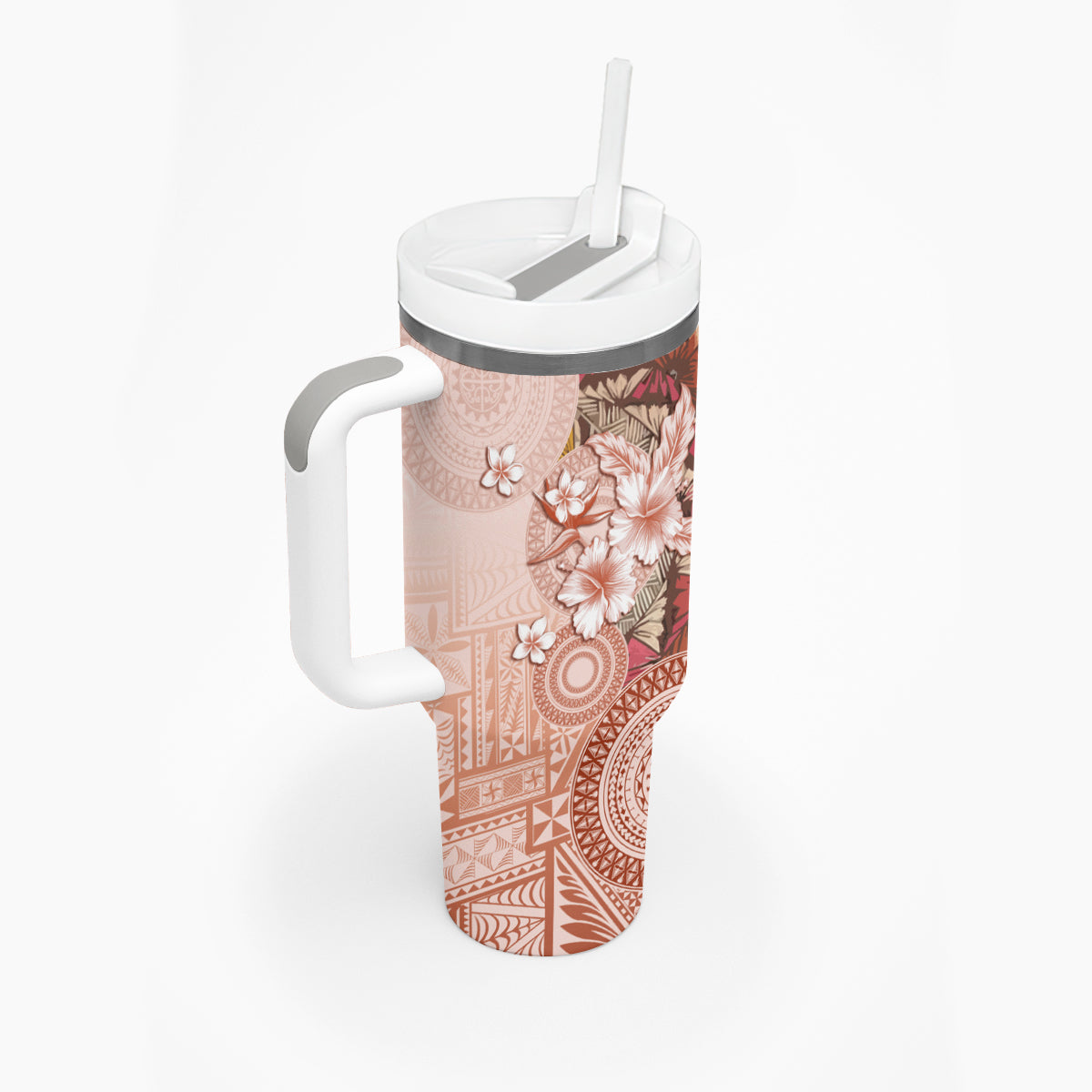 Tonga Ngatu Pattern With Light Tabasco Hibiscus Tumbler With Handle Oil Painting Style