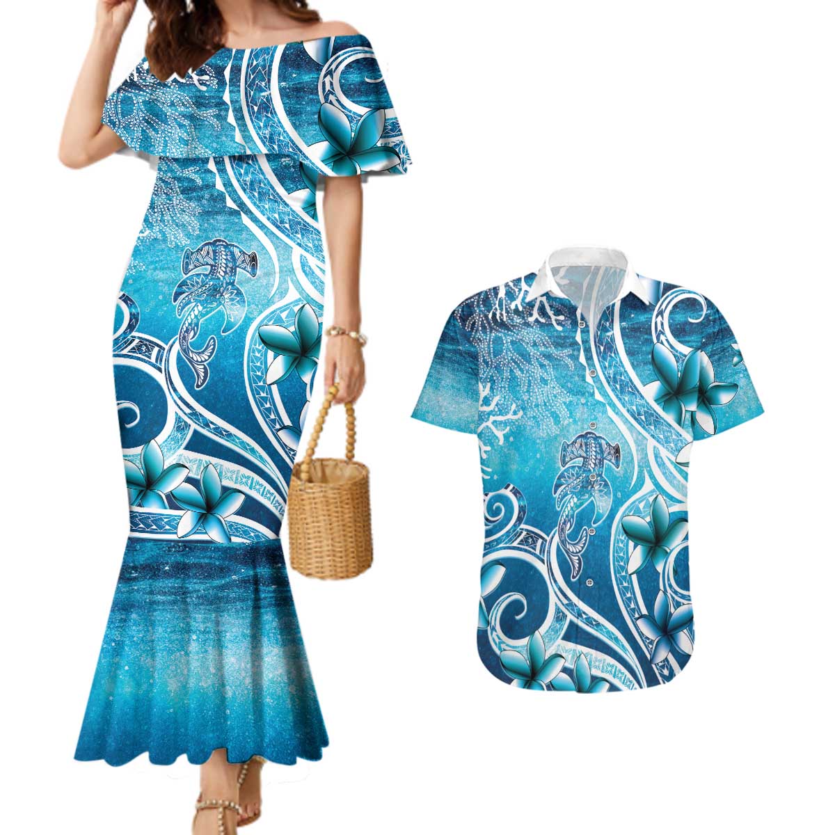 Polynesia World Ocean Day Couples Matching Mermaid Dress and Hawaiian Shirt Ocean Style LT05 Blue - Polynesian Pride