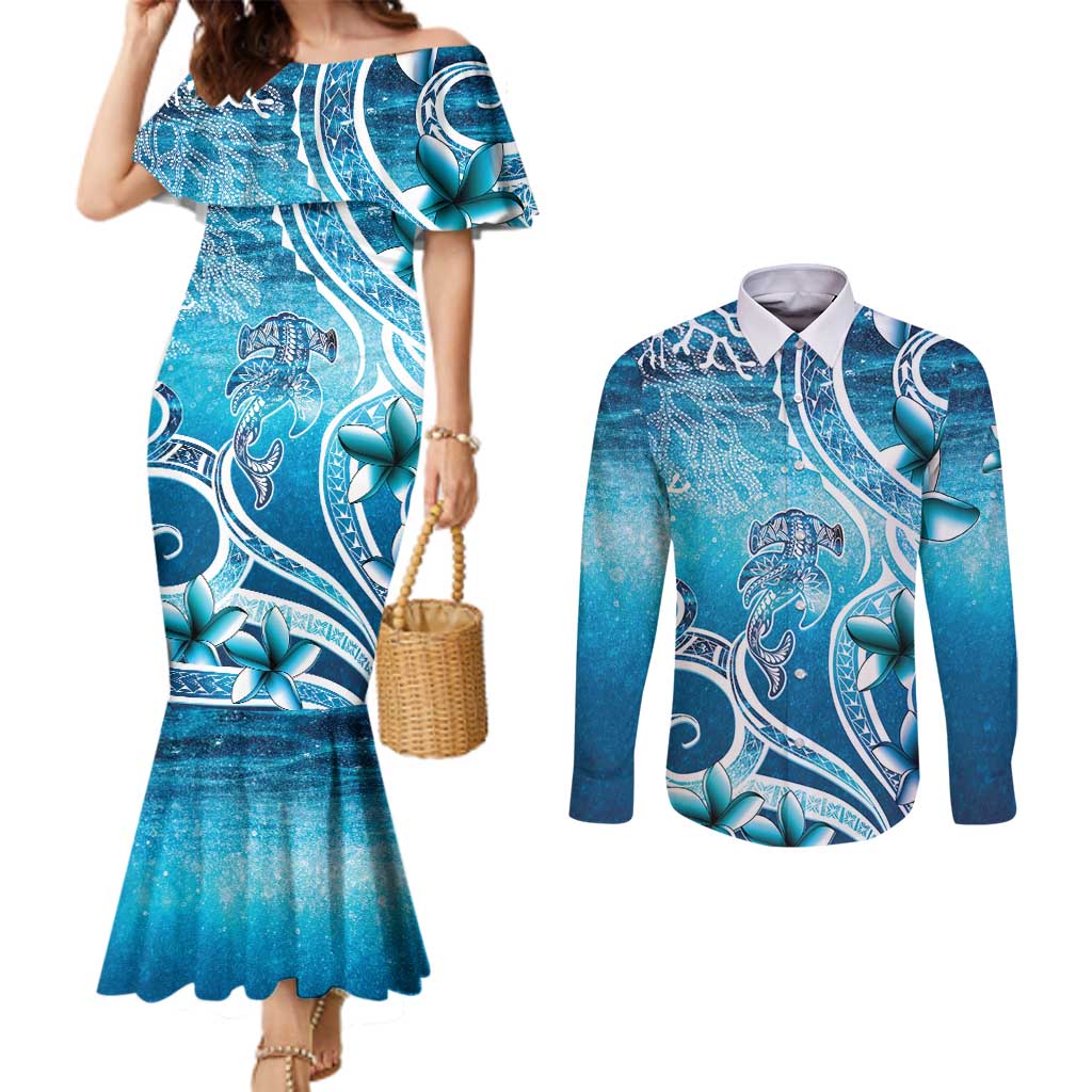 Polynesia World Ocean Day Couples Matching Mermaid Dress and Long Sleeve Button Shirt Ocean Style LT05 Blue - Polynesian Pride