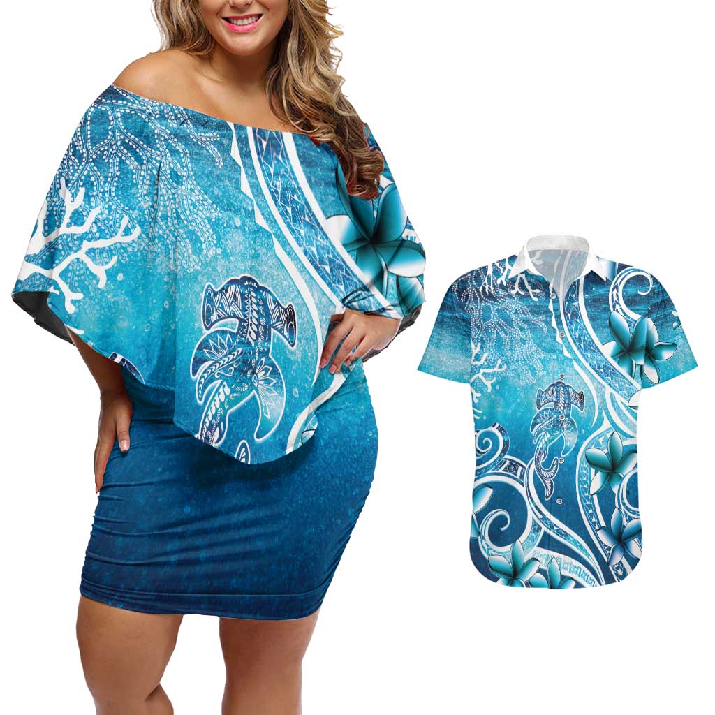 Polynesia World Ocean Day Couples Matching Off Shoulder Short Dress and Hawaiian Shirt Ocean Style LT05 Blue - Polynesian Pride