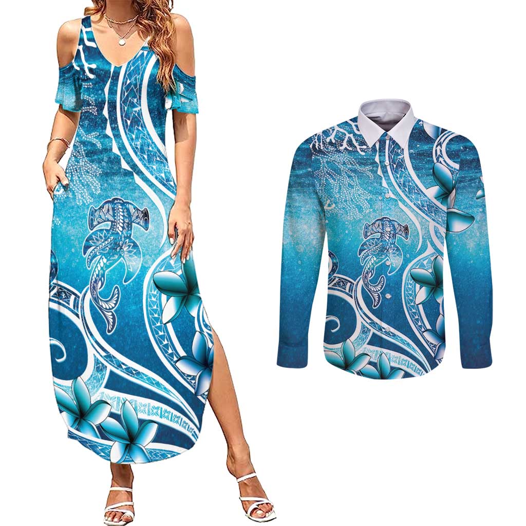 Polynesia World Ocean Day Couples Matching Summer Maxi Dress and Long Sleeve Button Shirt Ocean Style LT05 Blue - Polynesian Pride