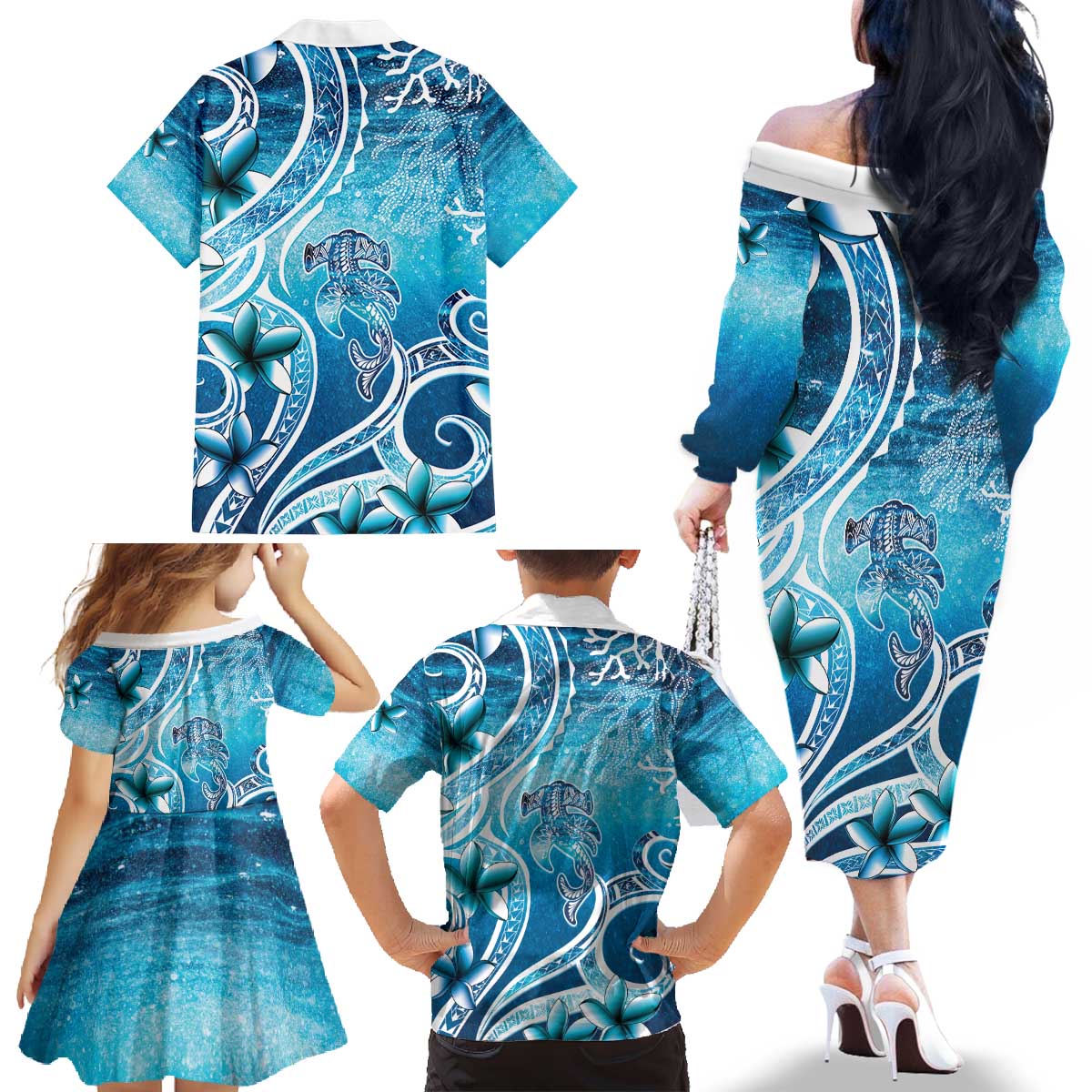 Polynesia World Ocean Day Family Matching Off The Shoulder Long Sleeve Dress and Hawaiian Shirt Ocean Style