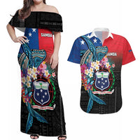 Samoa Couples Matching Off Shoulder Maxi Dress and Hawaiian Shirt Humpback Whale Siapo Pattern LT05 Blue - Polynesian Pride