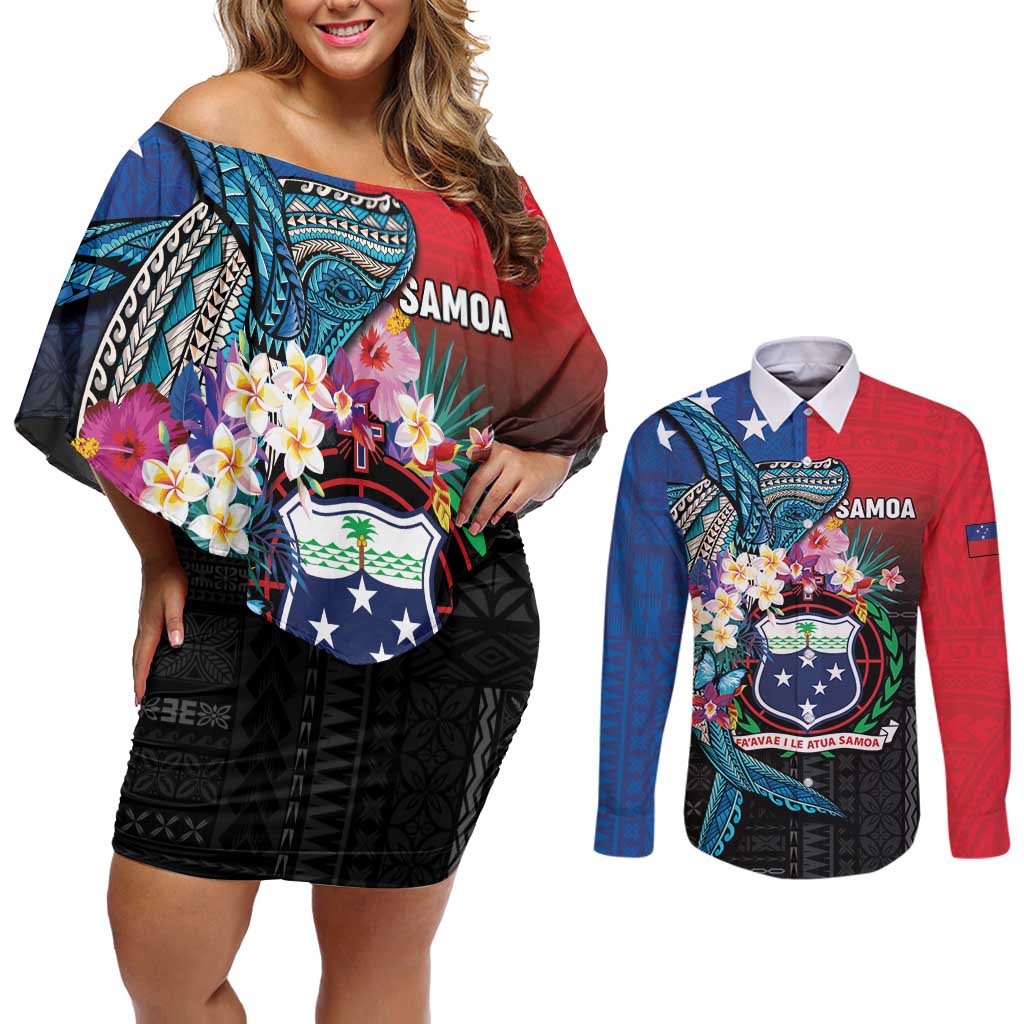 Samoa Couples Matching Off Shoulder Short Dress and Long Sleeve Button Shirt Humpback Whale Siapo Pattern