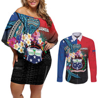 Samoa Couples Matching Off Shoulder Short Dress and Long Sleeve Button Shirt Humpback Whale Siapo Pattern