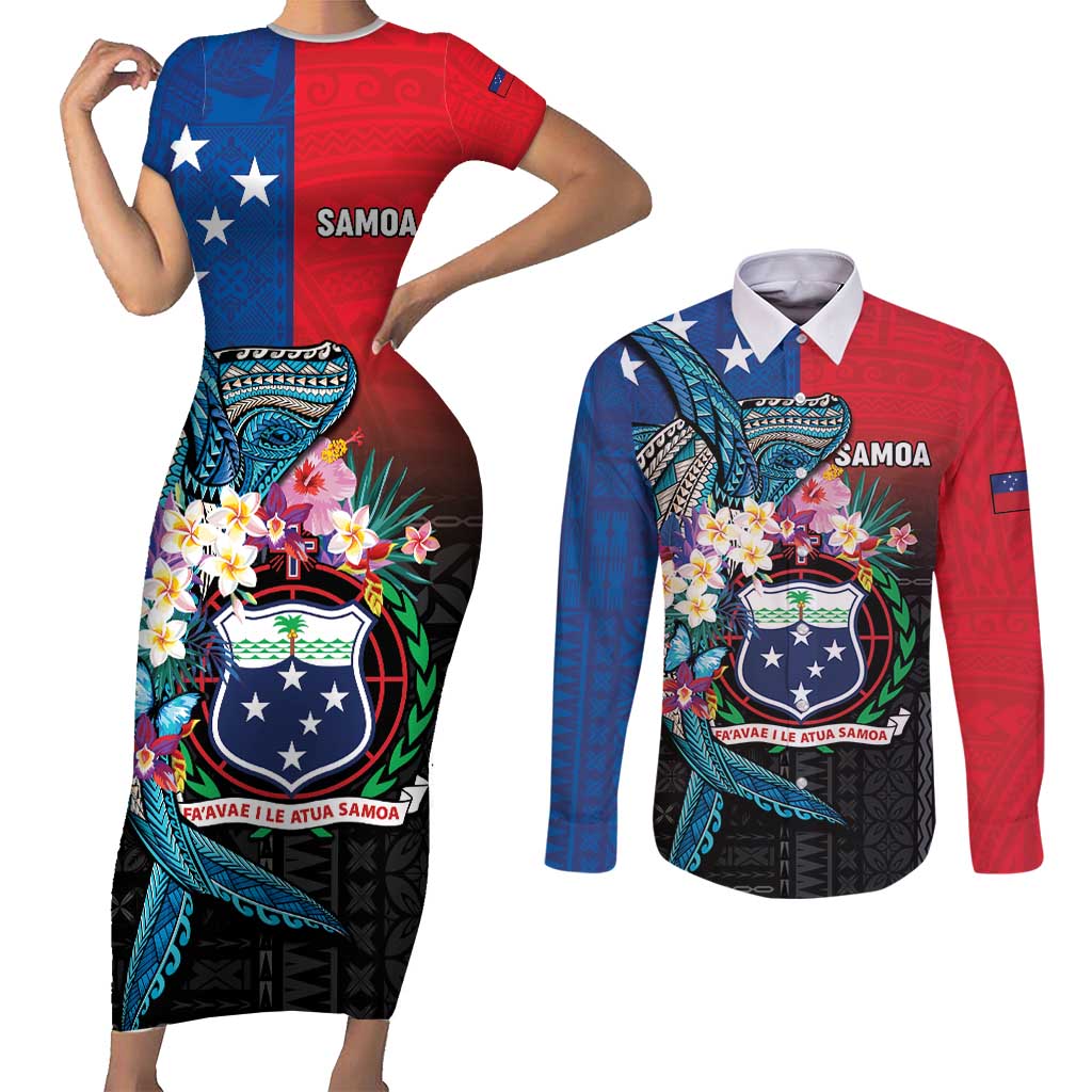 Samoa Couples Matching Short Sleeve Bodycon Dress and Long Sleeve Button Shirt Humpback Whale Siapo Pattern