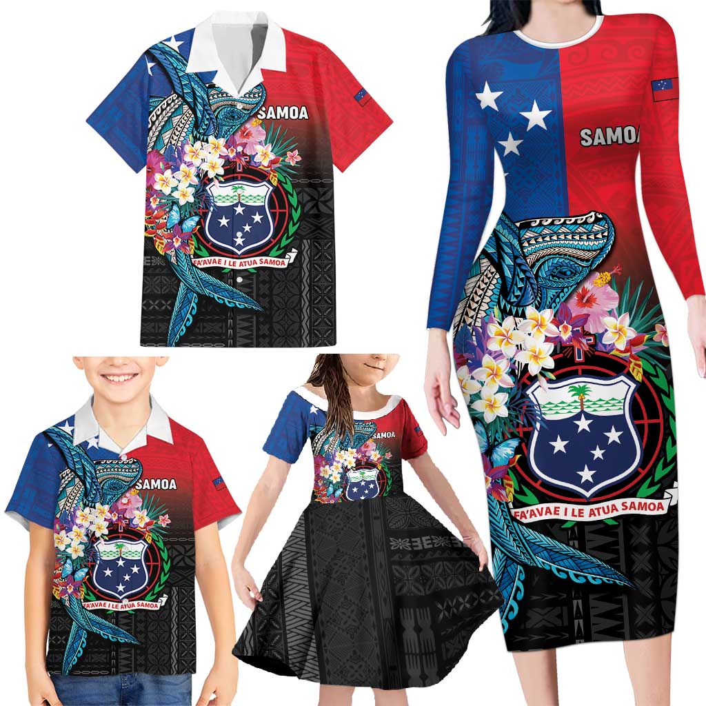 Samoa Family Matching Long Sleeve Bodycon Dress and Hawaiian Shirt Humpback Whale Siapo Pattern LT05 - Polynesian Pride