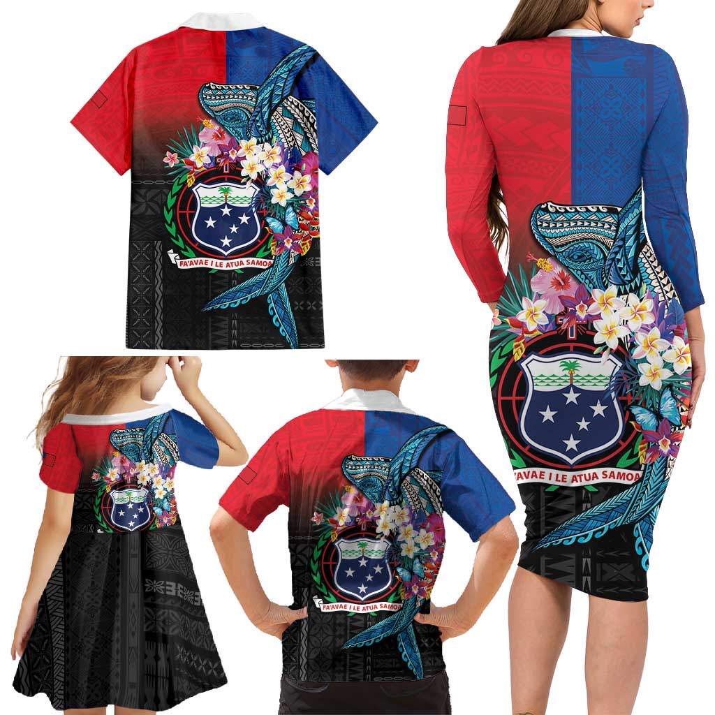 Samoa Family Matching Long Sleeve Bodycon Dress and Hawaiian Shirt Humpback Whale Siapo Pattern LT05 - Polynesian Pride