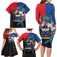 Samoa Family Matching Long Sleeve Bodycon Dress and Hawaiian Shirt Humpback Whale Siapo Pattern LT05 - Polynesian Pride