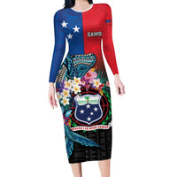 Samoa Family Matching Long Sleeve Bodycon Dress and Hawaiian Shirt Humpback Whale Siapo Pattern LT05 Mom's Dress Blue - Polynesian Pride
