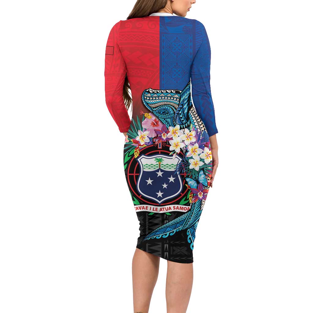 Samoa Family Matching Long Sleeve Bodycon Dress and Hawaiian Shirt Humpback Whale Siapo Pattern LT05 - Polynesian Pride