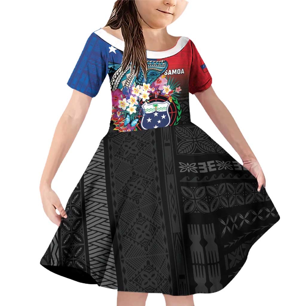 Samoa Family Matching Off Shoulder Short Dress and Hawaiian Shirt Humpback Whale Siapo Pattern LT05 Daughter's Dress Blue - Polynesian Pride
