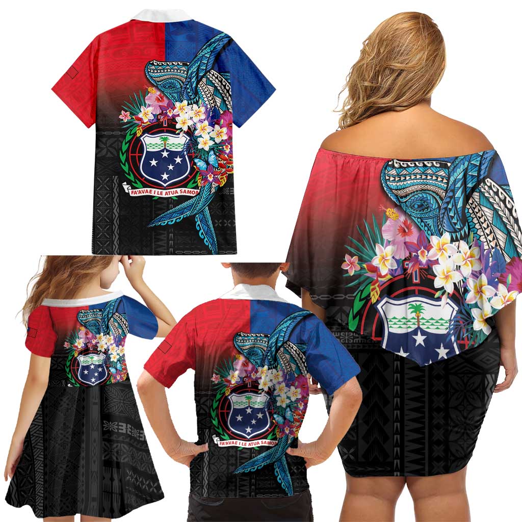 Samoa Family Matching Off Shoulder Short Dress and Hawaiian Shirt Humpback Whale Siapo Pattern LT05 - Polynesian Pride
