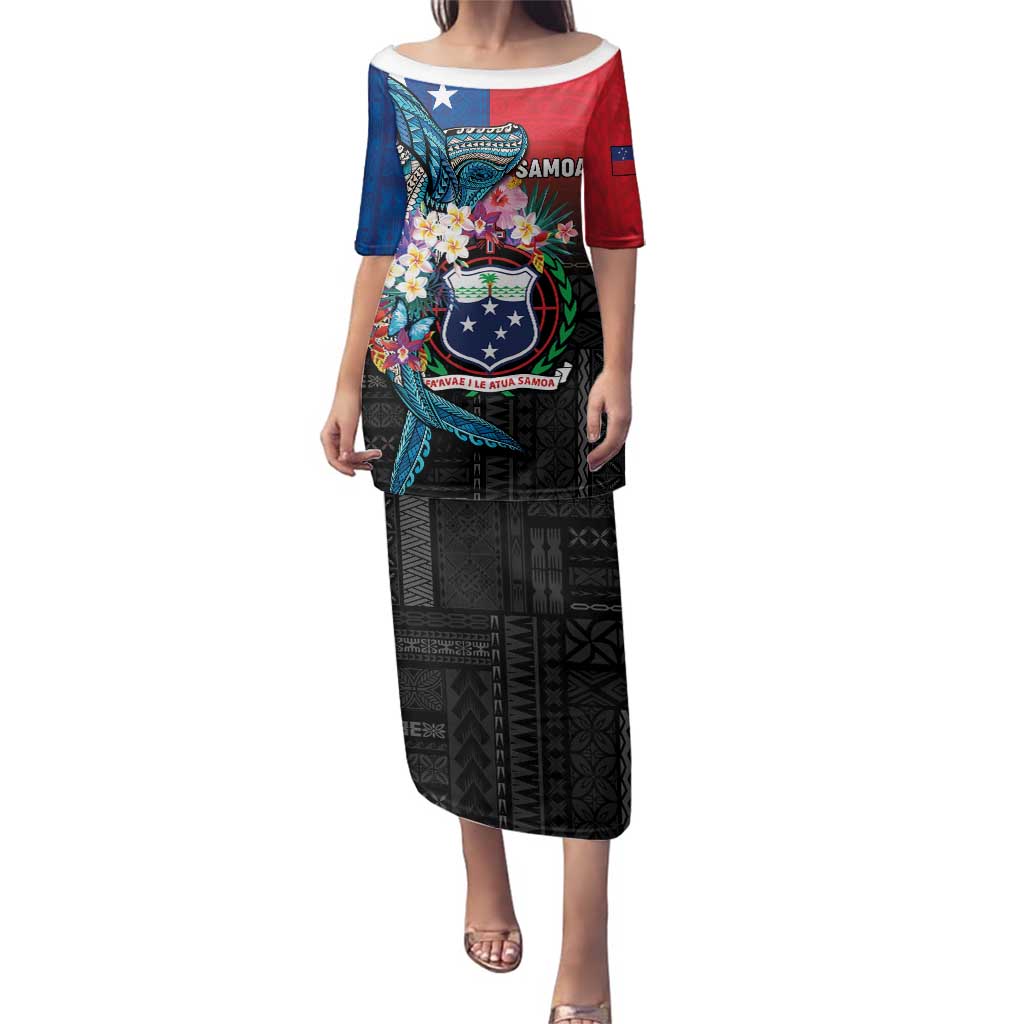 Samoa Family Matching Puletasi and Hawaiian Shirt Humpback Whale Siapo Pattern LT05 Mom's Dress Blue - Polynesian Pride