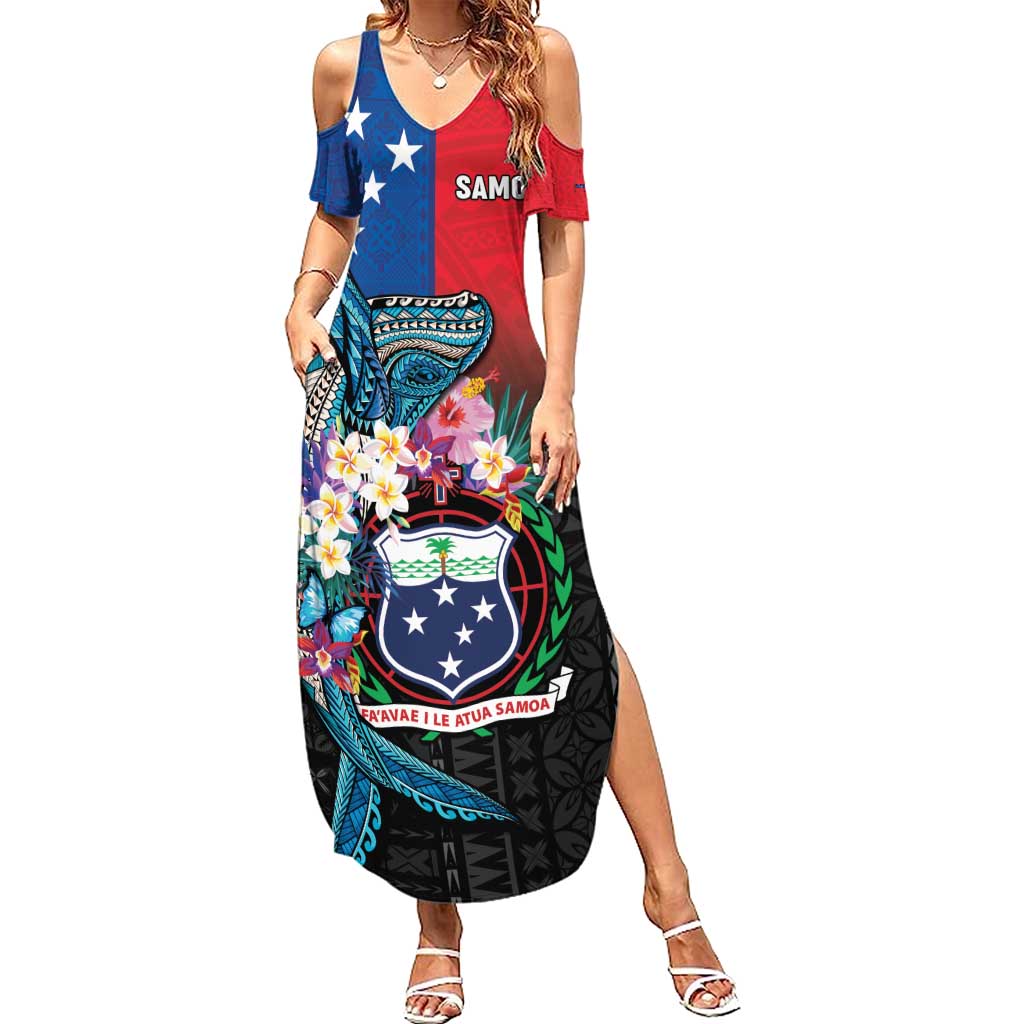 Samoa Family Matching Summer Maxi Dress and Hawaiian Shirt Humpback Whale Siapo Pattern LT05 Mom's Dress Blue - Polynesian Pride