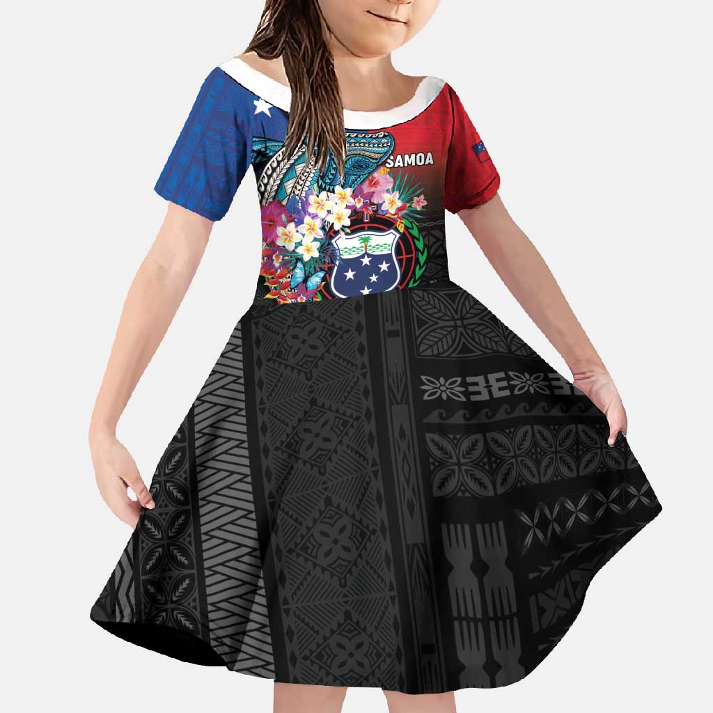 Samoa Family Matching Tank Maxi Dress and Hawaiian Shirt Humpback Whale Siapo Pattern LT05 Daughter's Dress Blue - Polynesian Pride
