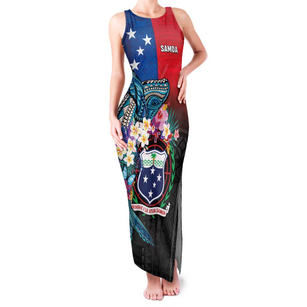 Samoa Family Matching Tank Maxi Dress and Hawaiian Shirt Humpback Whale Siapo Pattern LT05 Mom's Dress Blue - Polynesian Pride