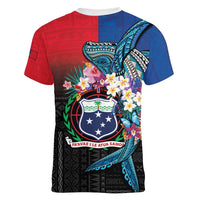 Samoa Women V-Neck T-Shirt Humpback Whale Siapo Pattern