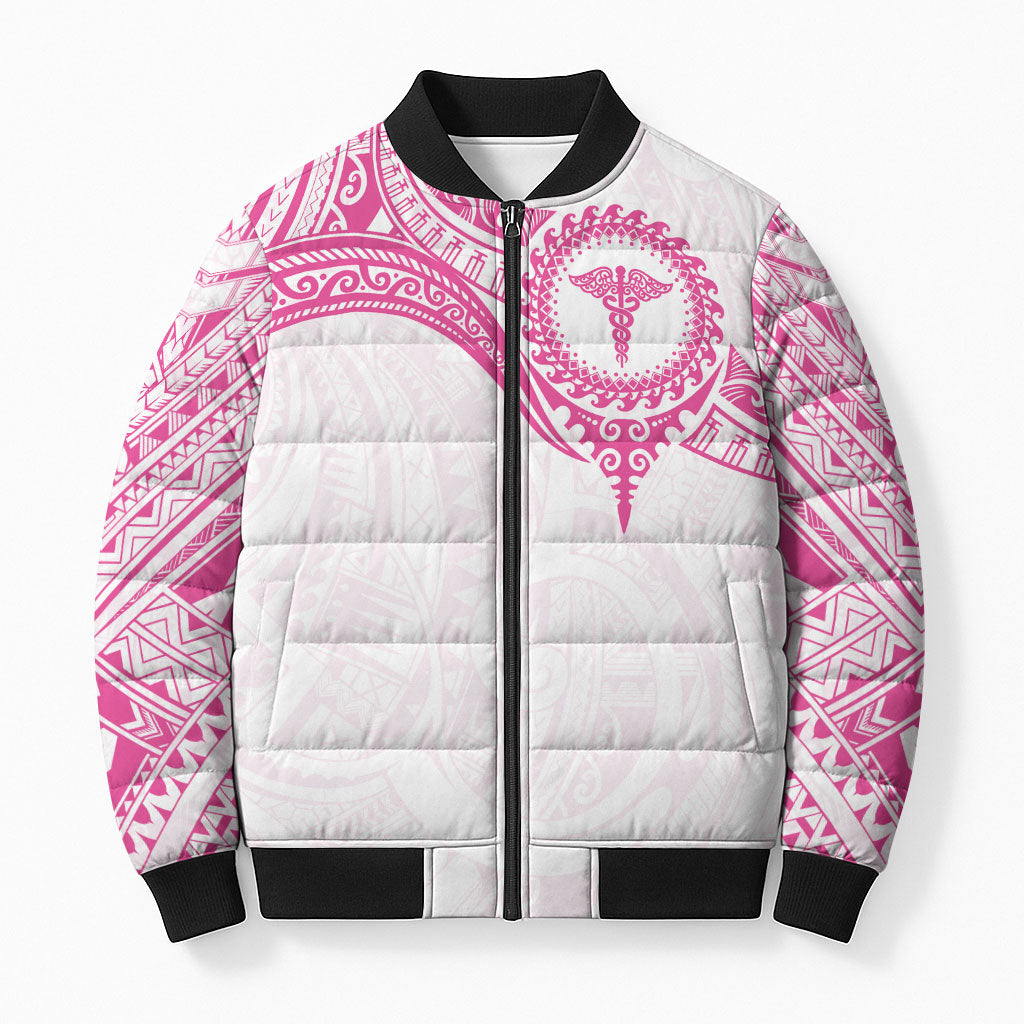 Personalised New Zealand Aotearoa Bomber Puffer Jacket Nurse Tribal Pink Version LT05 Unisex Pink - Polynesian Pride